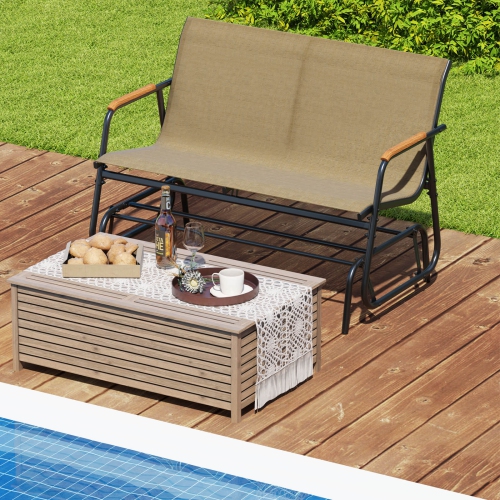 Costway Patio Glider Bench for 2 Swing Gliding Loveseat with Curved Teak Armrests for Porch