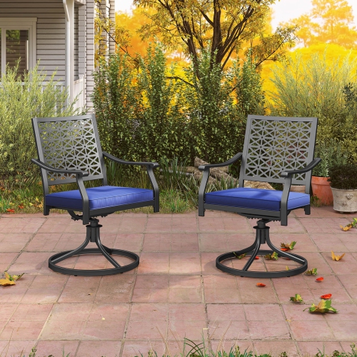 Costway 2 PCS Outdoor Swivel Chairs Patio Dining Chairs with Padded Cushions High Back Beige/Navy