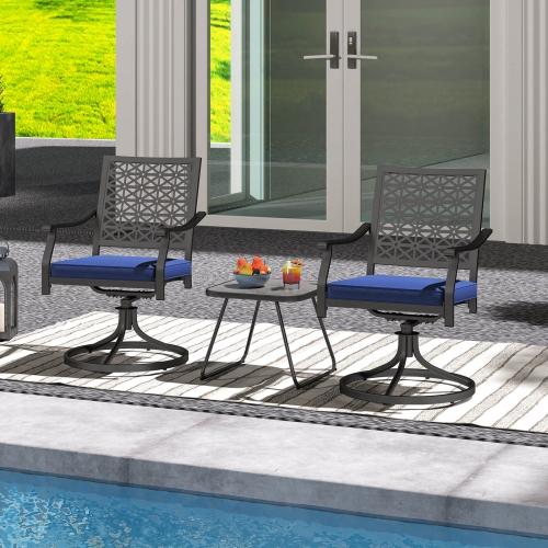 Costway 2 PCS Outdoor Swivel Chairs Patio Dining Chairs with Padded Cushions High Back Beige/Navy