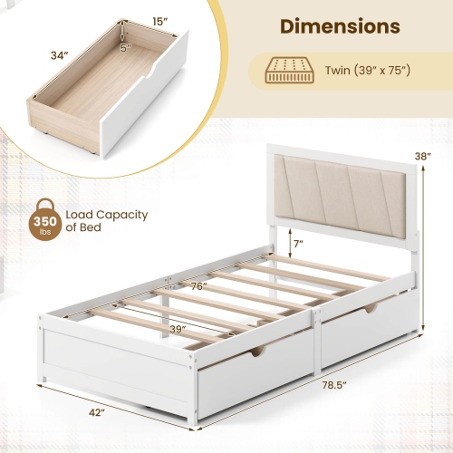 Costway Twin Size Bed Frame with 2 Storage Drawers Upholstered Headboard Wood Structure