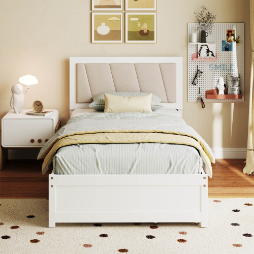 Costway Twin Size Bed Frame with 2 Storage Drawers Upholstered Headboard Wood Structure