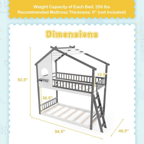 Costway Twin over Twin House Bunk Bed with Roof Ladder & Full-length Guardrails for Kids