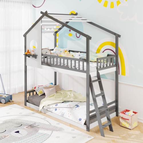 Costway Twin over Twin House Bunk Bed with Roof Ladder & Full-length Guardrails for Kids