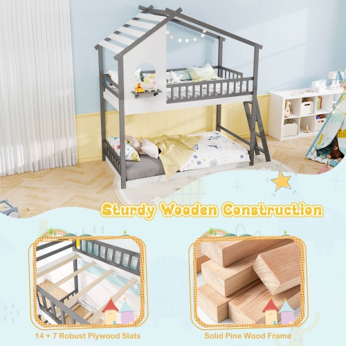 Costway Twin over Twin House Bunk Bed with Roof Ladder & Full-length Guardrails for Kids