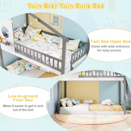 Costway Twin over Twin House Bunk Bed with Roof Ladder & Full-length Guardrails for Kids