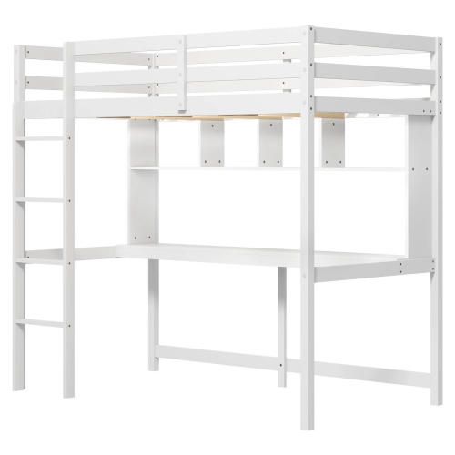 Costway Twin Size Loft Bed with Desk & Shelves Safety Guardrails & Ladder Storage