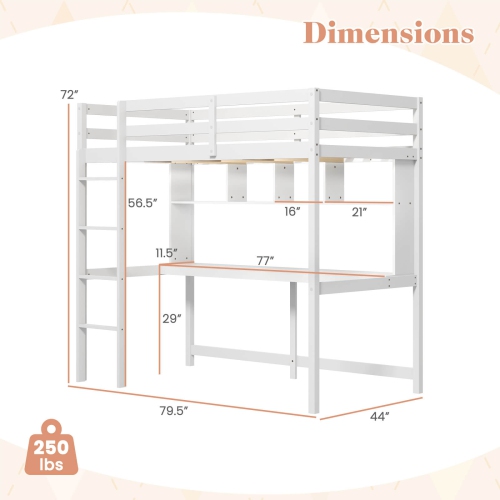 Costway Twin Size Loft Bed with Desk & Shelves Safety Guardrails & Ladder Storage