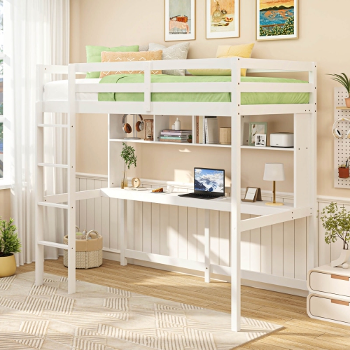 Costway Twin Size Loft Bed with Desk & Shelves Safety Guardrails & Ladder Storage