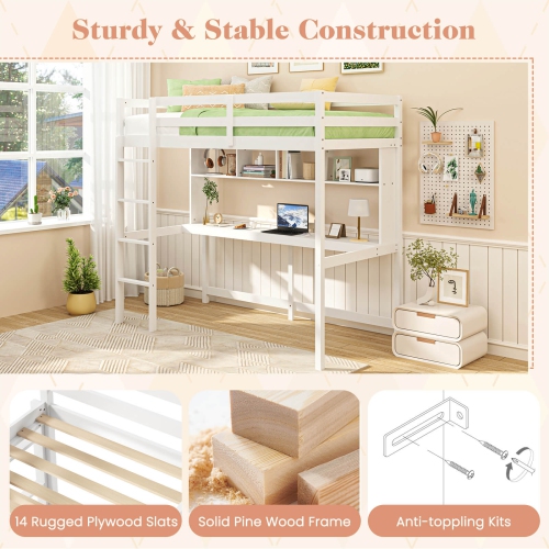 Costway Twin Size Loft Bed with Desk & Shelves Safety Guardrails & Ladder Storage