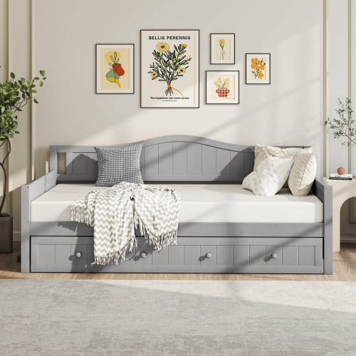 Costway Twin Size Daybed with Trundle Solid Wood Sofa Bed with Slats Support Guest Bed White/Gray