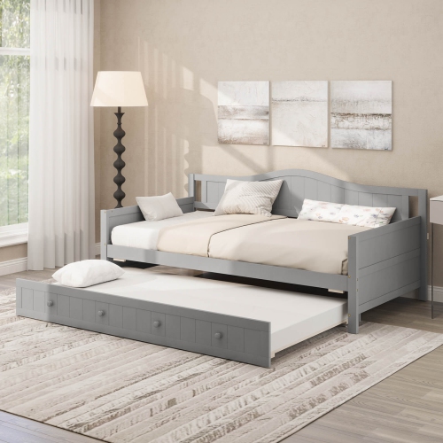 Costway Twin Size Daybed with Trundle Solid Wood Sofa Bed with Slats Support Guest Bed White/Gray