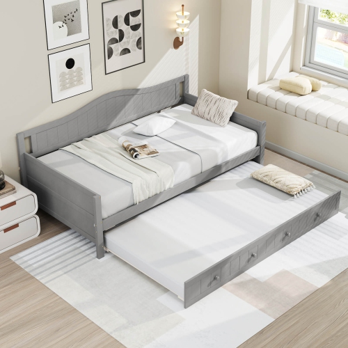Costway Twin Size Daybed with Trundle Solid Wood Sofa Bed with Slats Support Guest Bed White/Gray