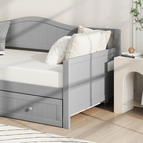 Costway Twin Size Daybed with Trundle Solid Wood Sofa Bed with Slats Support Guest Bed White/Gray