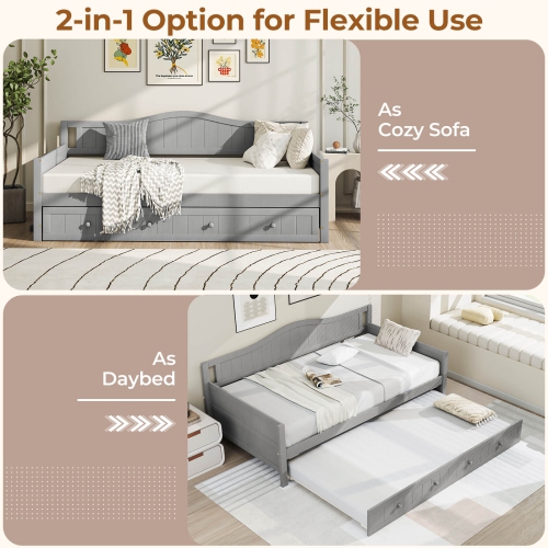 Costway Twin Size Daybed with Trundle Solid Wood Sofa Bed with Slats Support Guest Bed White/Gray