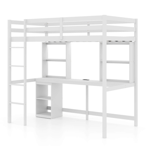 Costway Twin Loft Bed with LED Light & Power Outlet Desk Storage Shelves & Cabinet
