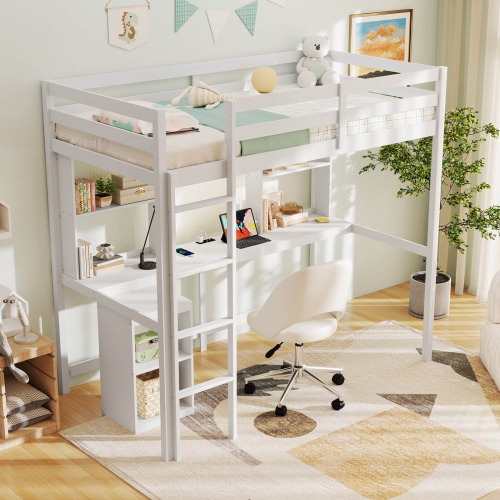 Costway Twin Loft Bed with LED Light & Power Outlet Desk Storage Shelves & Cabinet