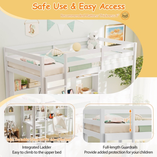 Costway Twin Loft Bed with LED Light & Power Outlet Desk Storage Shelves & Cabinet