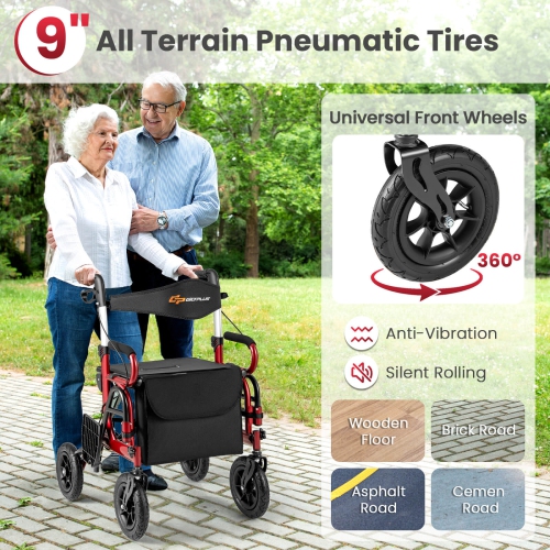 Goplus 2-in-1 Rollator Walker for Seniors with Seat 9" Pneumatic Tires for All Terrain Black/Red/Navy