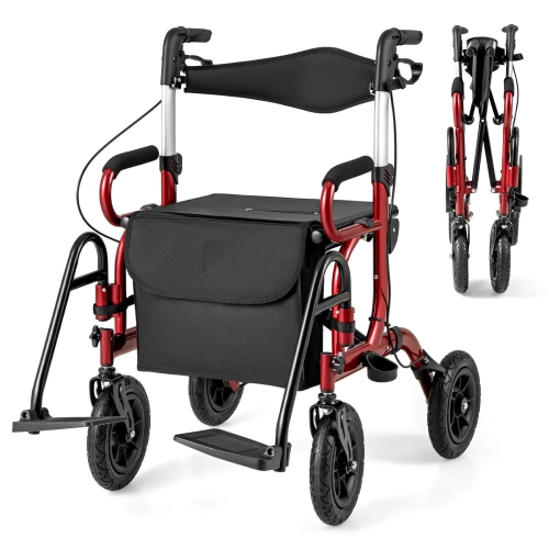 Goplus 2-in-1 Rollator Walker for Seniors with Seat 9" Pneumatic Tires for All Terrain Black/Red/Navy