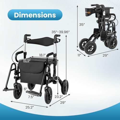 Goplus 2-in-1 Rollator Walker for Seniors with Seat 9" Pneumatic Tires for All Terrain Black/Red/Navy