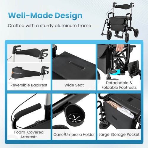 Goplus 2-in-1 Rollator Walker for Seniors with Seat 9" Pneumatic Tires for All Terrain Black/Red/Navy