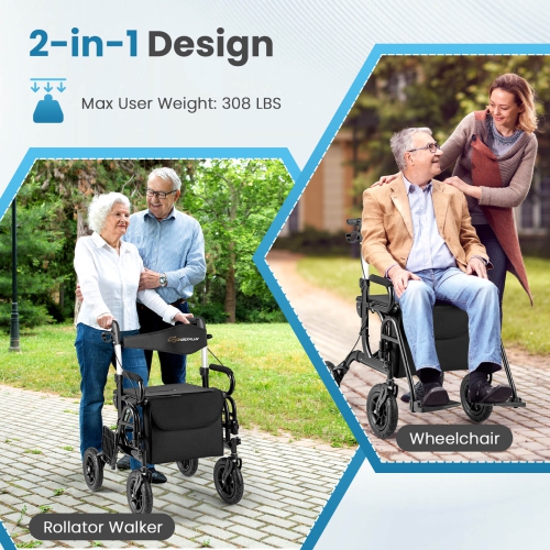 Goplus 2-in-1 Rollator Walker for Seniors with Seat 9" Pneumatic Tires for All Terrain Black/Red/Navy