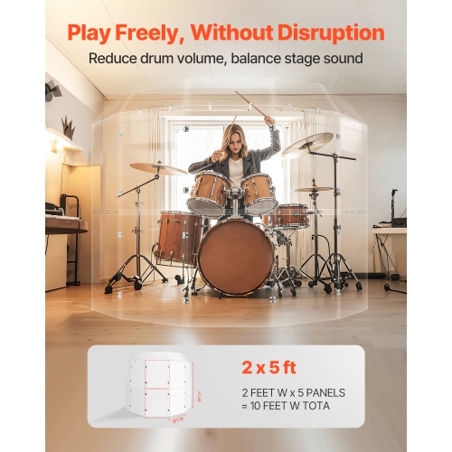 VEVOR 5 Panels 2ft x 5ft Acrylic Drum Cage with Zinc Alloy Hinges and Deflectors for Church Concert Halls, Drum Shields Drum Sound Barrier Suitable
