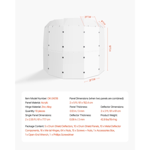 VEVOR 5 Panels 2ft x 5ft Acrylic Drum Cage with Zinc Alloy Hinges and Deflectors for Church Concert Halls, Drum Shields Drum Sound Barrier Suitable