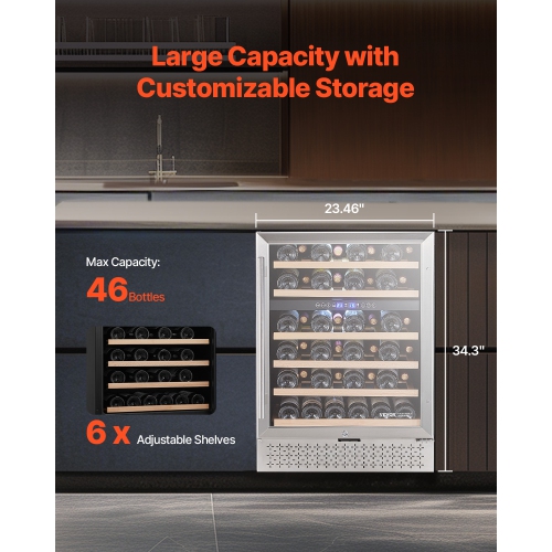 VEVOR 46 Bottle Wine Cooler, Dual Zone Wine Fridge, Built-in & Freestanding Fridge with Glass Door, Adjustable Shelves, Digital Temperature Control,