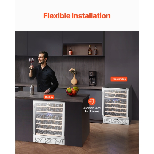 VEVOR 46 Bottle Wine Cooler, Dual Zone Wine Fridge, Built-in & Freestanding Fridge with Glass Door, Adjustable Shelves, Digital Temperature Control,