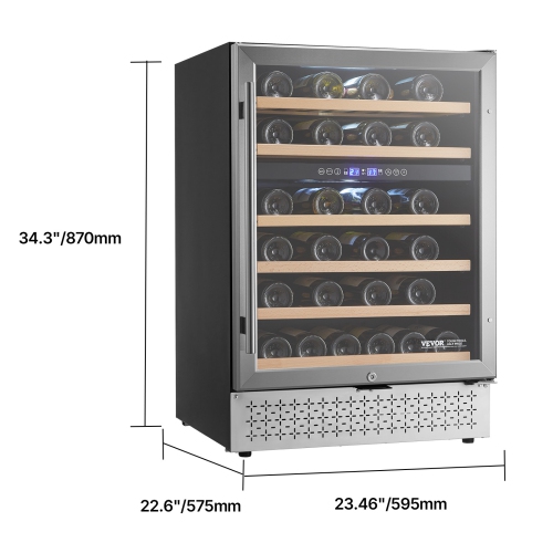 VEVOR 46 Bottle Wine Cooler, Dual Zone Wine Fridge, Built-in & Freestanding Fridge with Glass Door, Adjustable Shelves, Digital Temperature Control,
