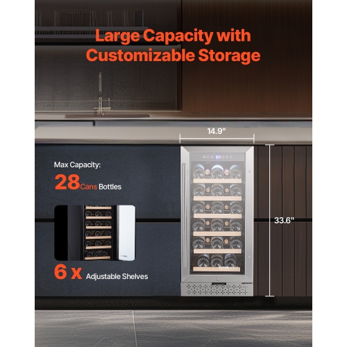 VEVOR Wine Cooler, 28 Bottle Wine Fridge, Mini Wine Cooler Refrigerator with Glass Door, Adjustable Shelves, Digital Temperature Control, Built-in &