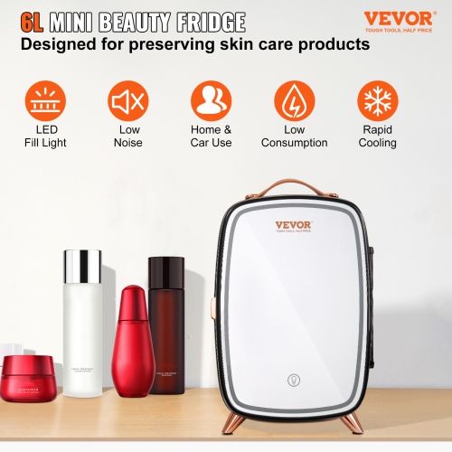 VEVOR Mini Fridge, 6L Skincare Fridge with LED light and HD Mirror, AC/DC Makeup Fridges for Skin Care, Cosmetic Storage, Chill Face Mask Drink,
