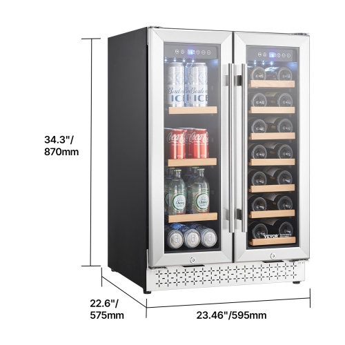VEVOR Wine and Beverage Refrigerator, 24in Dual Zone Wine Cooler, Built-in Fridge with Glass Doors, Adjustable Shelves, Digital Temperature Control,