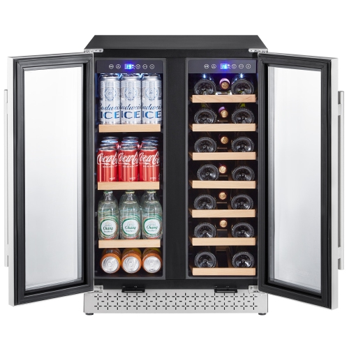 VEVOR Wine and Beverage Refrigerator, 24in Dual Zone Wine Cooler, Built-in Fridge with Glass Doors, Adjustable Shelves, Digital Temperature Control,