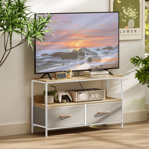 HOMCOM TV Stand with Storage and Charging Station, TV Table with 2 Foldable Linen Drawers and Open Shelf for 47 Inch Television, Entertainment Center