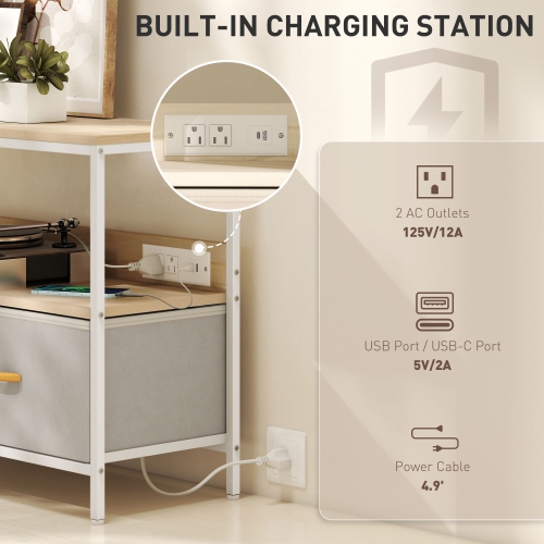 HOMCOM TV Stand with Storage and Charging Station, TV Table with 2 Foldable Linen Drawers and Open Shelf for 47 Inch Television, Entertainment Center