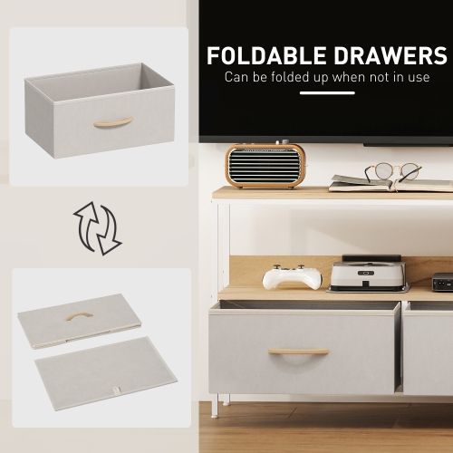 HOMCOM TV Stand with Storage and Charging Station, TV Table with 2 Foldable Linen Drawers and Open Shelf for 47 Inch Television, Entertainment Center