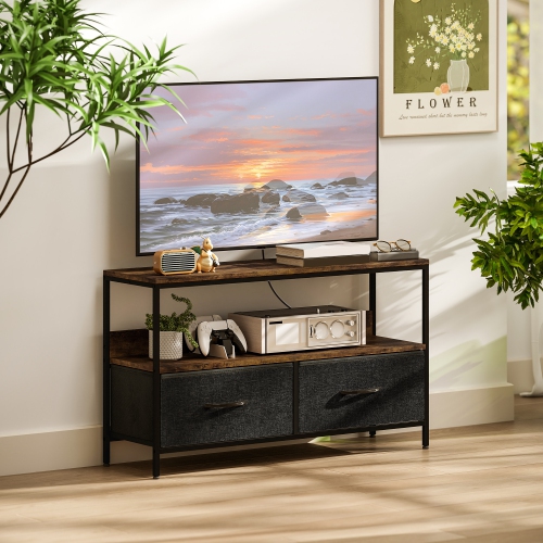 HOMCOM TV Stand with Storage and Charging Station, TV Table with 2 Foldable Linen Drawers and Open Shelf for 47 Inch Television, Entertainment Center