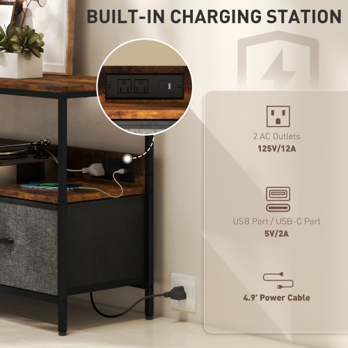 HOMCOM TV Stand with Storage and Charging Station, TV Table with 2 Foldable Linen Drawers and Open Shelf for 47 Inch Television, Entertainment Center