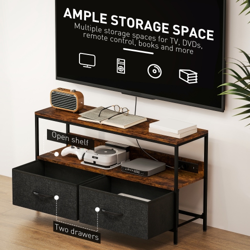 HOMCOM TV Stand with Storage and Charging Station, TV Table with 2 Foldable Linen Drawers and Open Shelf for 47 Inch Television, Entertainment Center