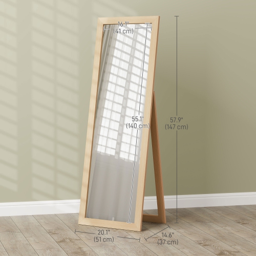 HOMCOM 58" x 20" Full Length Mirror with Frame, Floor Standing Mirror, Rectangular Full Body Mirror for Bedroom, Living Room, Oak