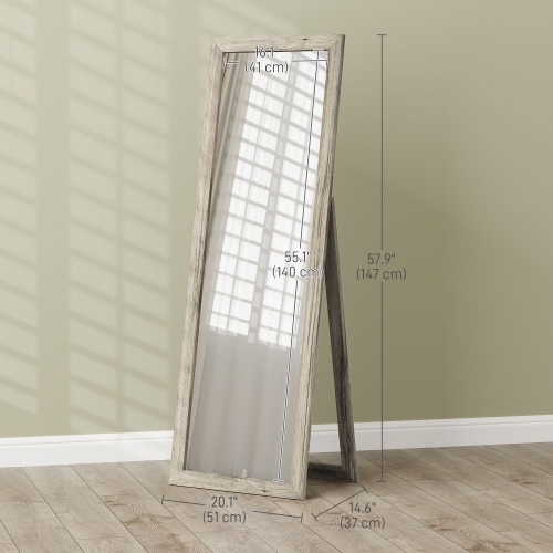 HOMCOM 58" x 20" Full Length Mirror with Frame, Floor Standing Mirror, Rectangular Full Body Mirror for Bedroom, Living Room, Grey Wood Grain