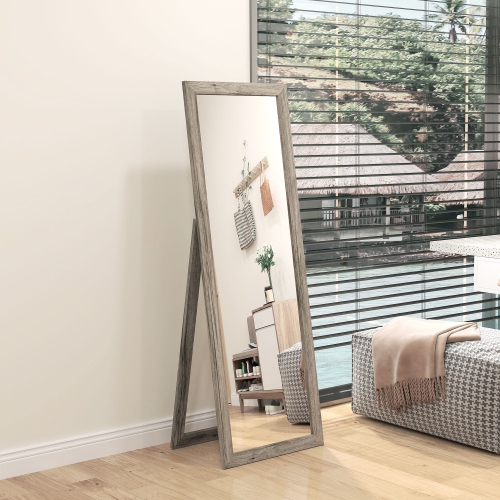HOMCOM 58" x 20" Full Length Mirror with Frame, Floor Standing Mirror, Rectangular Full Body Mirror for Bedroom, Living Room, Grey Wood Grain