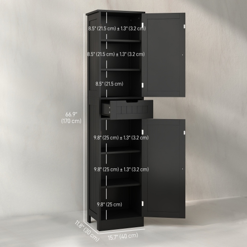 HOMCOM Tall Bathroom Storage Cabinet, Narrow Bathroom Cabinet with Doors, Drawer and Adjustable Shelves, Freestanding Linen Tower, Black