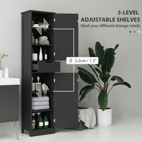 HOMCOM Tall Bathroom Storage Cabinet, Narrow Bathroom Cabinet with Doors, Drawer and Adjustable Shelves, Freestanding Linen Tower, Black