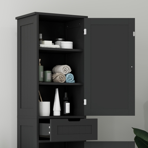 HOMCOM Tall Bathroom Storage Cabinet, Narrow Bathroom Cabinet with Doors, Drawer and Adjustable Shelves, Freestanding Linen Tower, Black