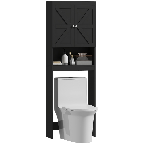 HOMCOM  Over The Toilet Storage Cabinet, Bathroom Cabinet Over Toilet With Barn-Style Doors, Open Shelf And Adjustable Back Crossbar In Black
