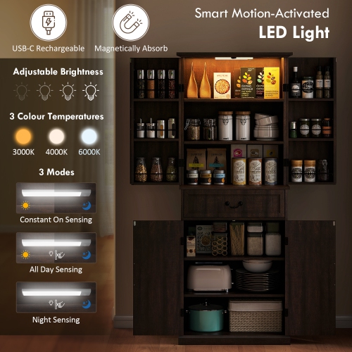 Armoire garde-manger de 71 po de HOMCOM avec détecteur de mouvement LED à 3 couleurs, grande armoire de rangement Farmhouse avec tablettes de