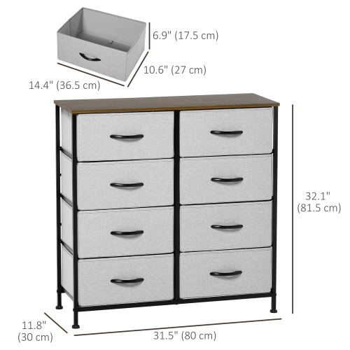HOMCOM 8 Drawer Dresser for Bedroom, Fabric Chest of Drawers with Steel Frame, Wood Grain Top and Handles, Grey